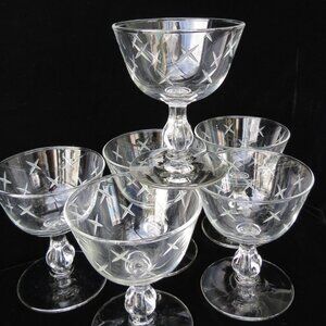 Mid Century Set of 6 Etched Starburst Cocktail Glass, Mint Condition.